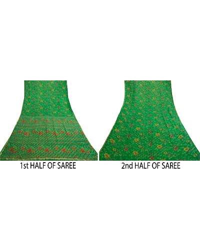 Sanskriti Vintage Sarees Green Pure Chinon Silk Printed Woven Sari Craft Fabric, PR-61091-Green-Printed Floral Design-Pure Chinon Silk-4