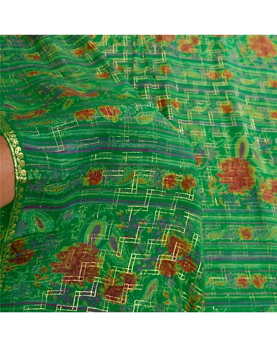 Sanskriti Vintage Sarees Green Pure Chinon Silk Printed Woven Sari Craft Fabric, PR-61091-Green-Printed Floral Design-Pure Chinon Silk-5