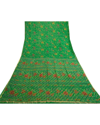 Sanskriti Vintage Sarees Green Pure Chinon Silk Printed Woven Sari Craft Fabric, PR-61091-Green-Printed Floral Design-Pure Chinon Silk-7