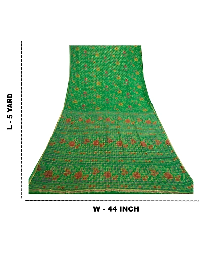 Sanskriti Vintage Sarees Green Pure Chinon Silk Printed Woven Sari Craft Fabric, PR-61091-Green-Printed Floral Design-Pure Chinon Silk-8
