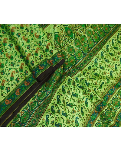 Sanskriti Vintage Sarees Green Indian Pure Silk Printed Sari 5Yd Craft Fabric, PR-61096-Green-Printed Floral Design-Pure Silk-1
