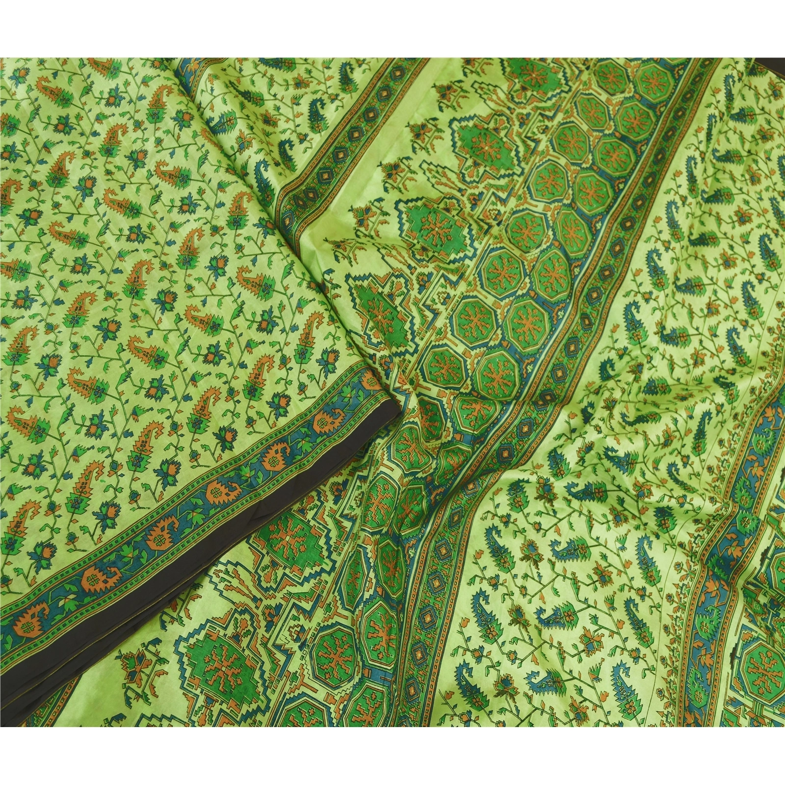 Sanskriti Vintage Sarees Green Indian Pure Silk Printed Sari 5Yd Craft Fabric, PR-61096-Green-Printed Floral Design-Pure Silk-2