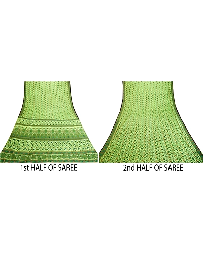 Sanskriti Vintage Sarees Green Indian Pure Silk Printed Sari 5Yd Craft Fabric, PR-61096-Green-Printed Floral Design-Pure Silk-4