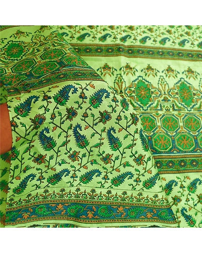 Sanskriti Vintage Sarees Green Indian Pure Silk Printed Sari 5Yd Craft Fabric, PR-61096-Green-Printed Floral Design-Pure Silk-5