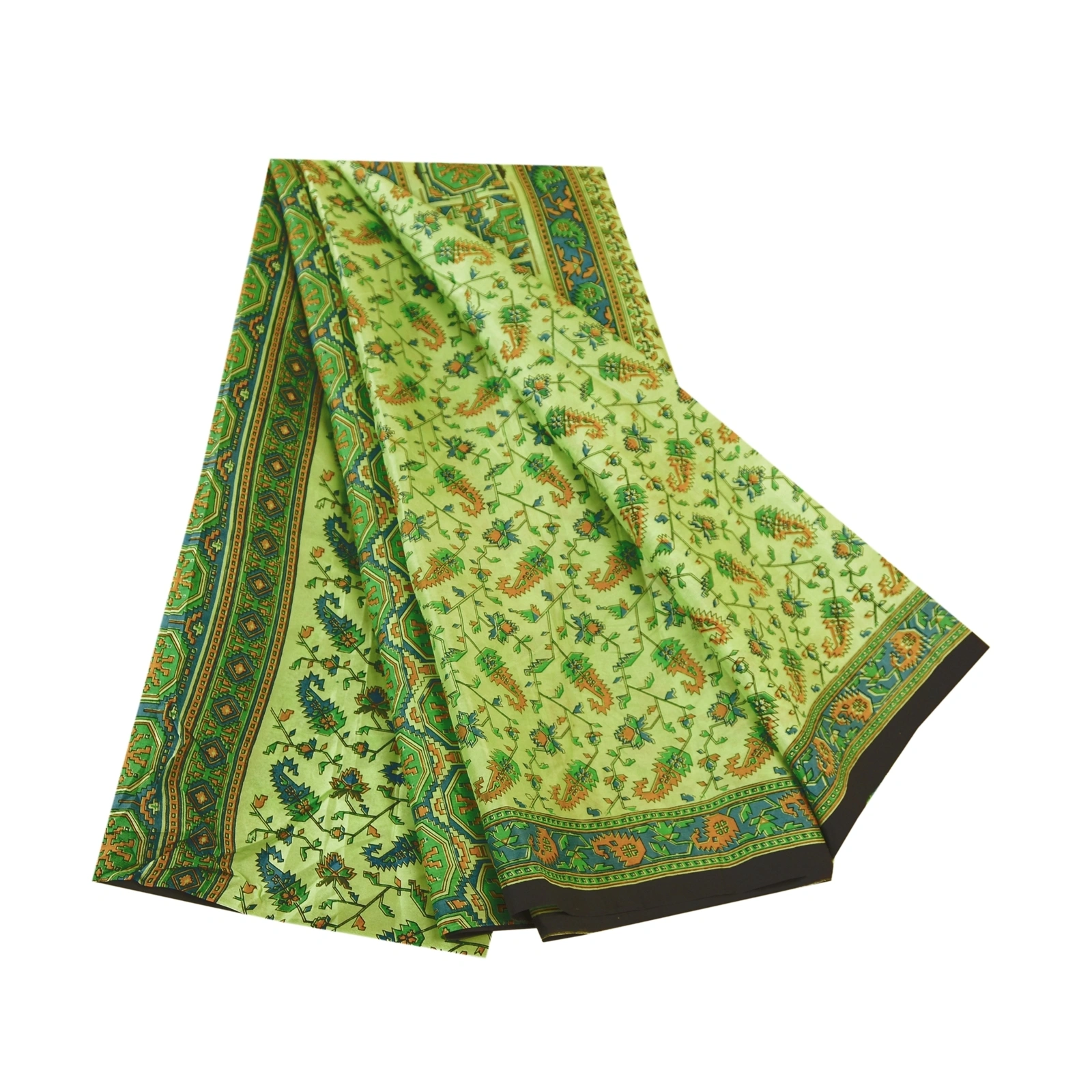 Sanskriti Vintage Sarees Green Indian Pure Silk Printed Sari 5Yd Craft Fabric, PR-61096-Green-Printed Floral Design-Pure Silk-6