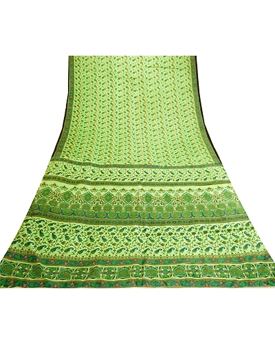 Sanskriti Vintage Sarees Green Indian Pure Silk Printed Sari 5Yd Craft Fabric, PR-61096-Green-Printed Floral Design-Pure Silk-7
