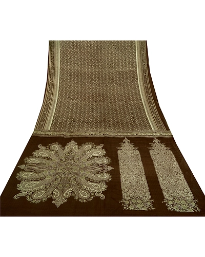Sanskriti Vintage Sarees Brown Indian Pure Silk Printed Sari Soft Craft Fabric, PR-61111-Brown-Printed Floral Design-Pure Silk-7