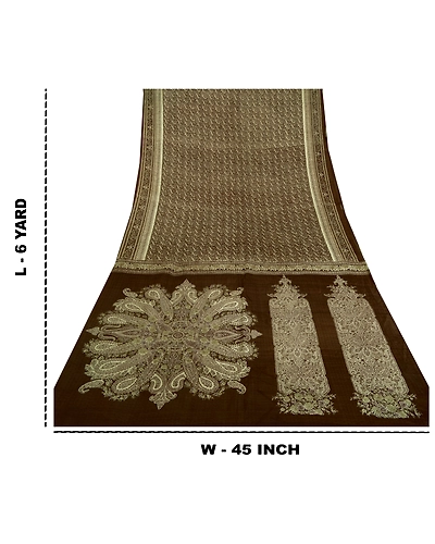 Sanskriti Vintage Sarees Brown Indian Pure Silk Printed Sari Soft Craft Fabric, PR-61111-Brown-Printed Floral Design-Pure Silk-8