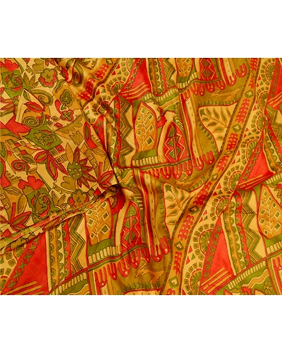 Sanskriti Vintage Sarees Saffron Indian Pure Silk Printed Sari Soft Craft Fabric, PR-61117-Saffron-Printed Floral Design-Pure Silk-2