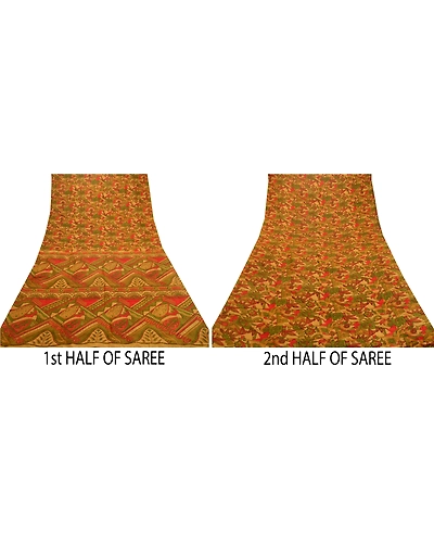 Sanskriti Vintage Sarees Saffron Indian Pure Silk Printed Sari Soft Craft Fabric, PR-61117-Saffron-Printed Floral Design-Pure Silk-4