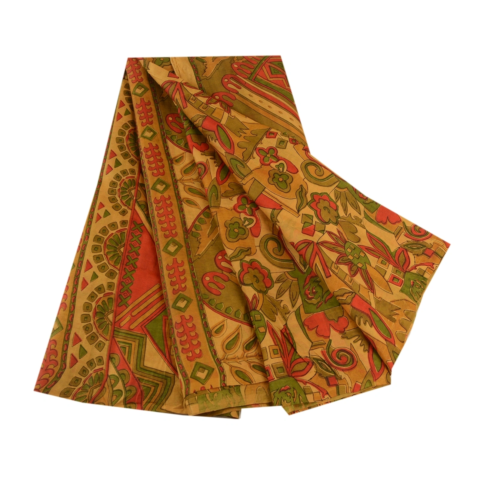 Sanskriti Vintage Sarees Saffron Indian Pure Silk Printed Sari Soft Craft Fabric, PR-61117-Saffron-Printed Floral Design-Pure Silk-6