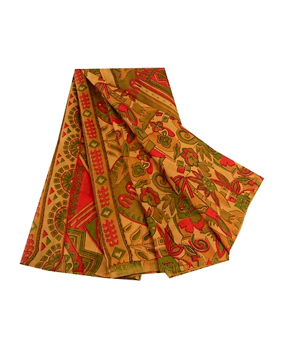 Sanskriti Vintage Sarees Saffron Indian Pure Silk Printed Sari Soft Craft Fabric, PR-61117-Saffron-Printed Floral Design-Pure Silk-6
