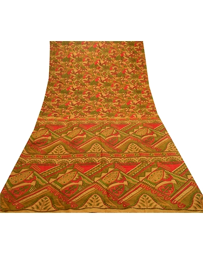 Sanskriti Vintage Sarees Saffron Indian Pure Silk Printed Sari Soft Craft Fabric, PR-61117-Saffron-Printed Floral Design-Pure Silk-7