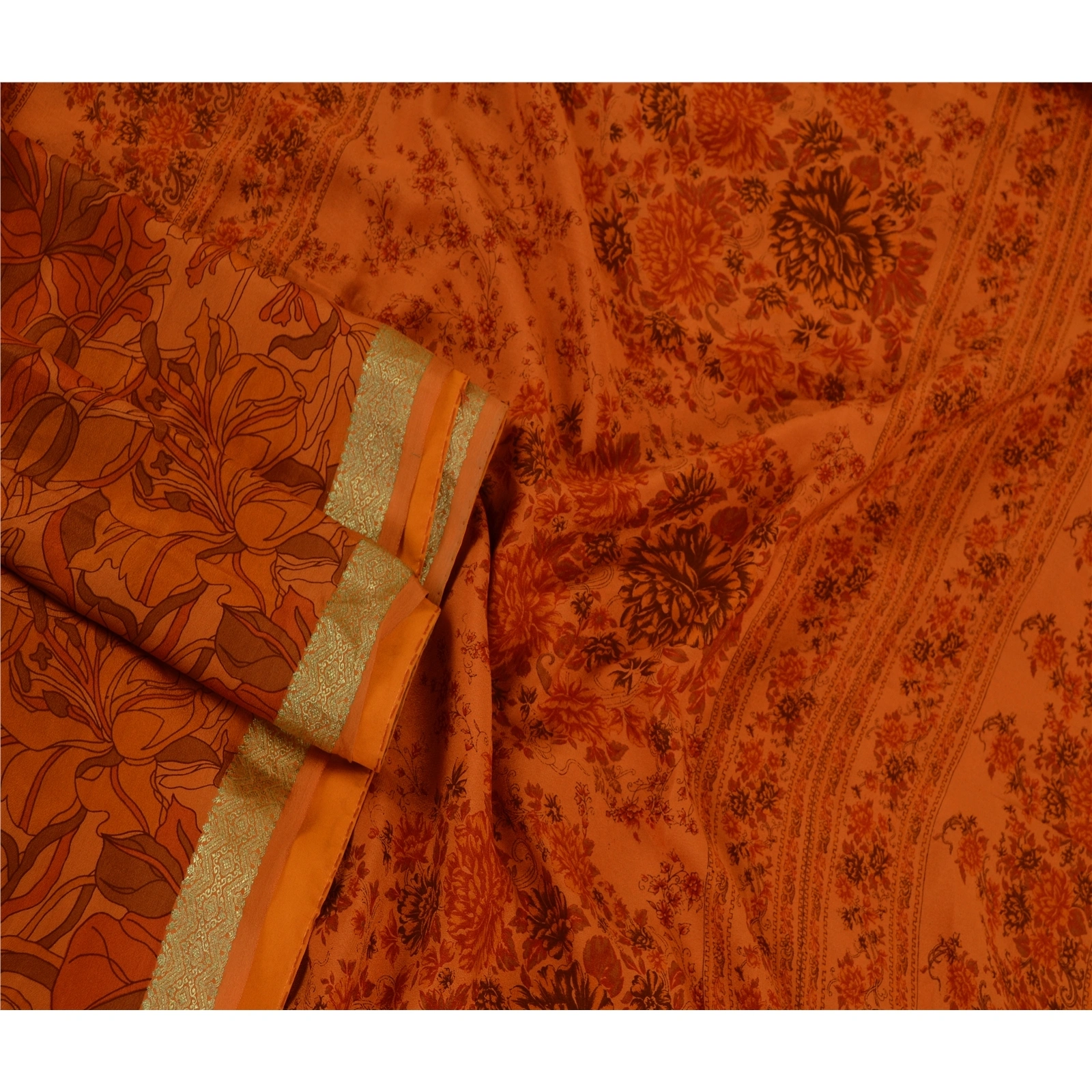 Sanskriti Vintage Sarees Saffron Pure Silk Printed Zari Border Sari Craft Fabric, PR-61119-Saffron-Printed Floral Design-Pure Silk-1