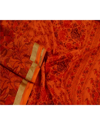 Sanskriti Vintage Sarees Saffron Pure Silk Printed Zari Border Sari Craft Fabric, PR-61119-Saffron-Printed Floral Design-Pure Silk-1