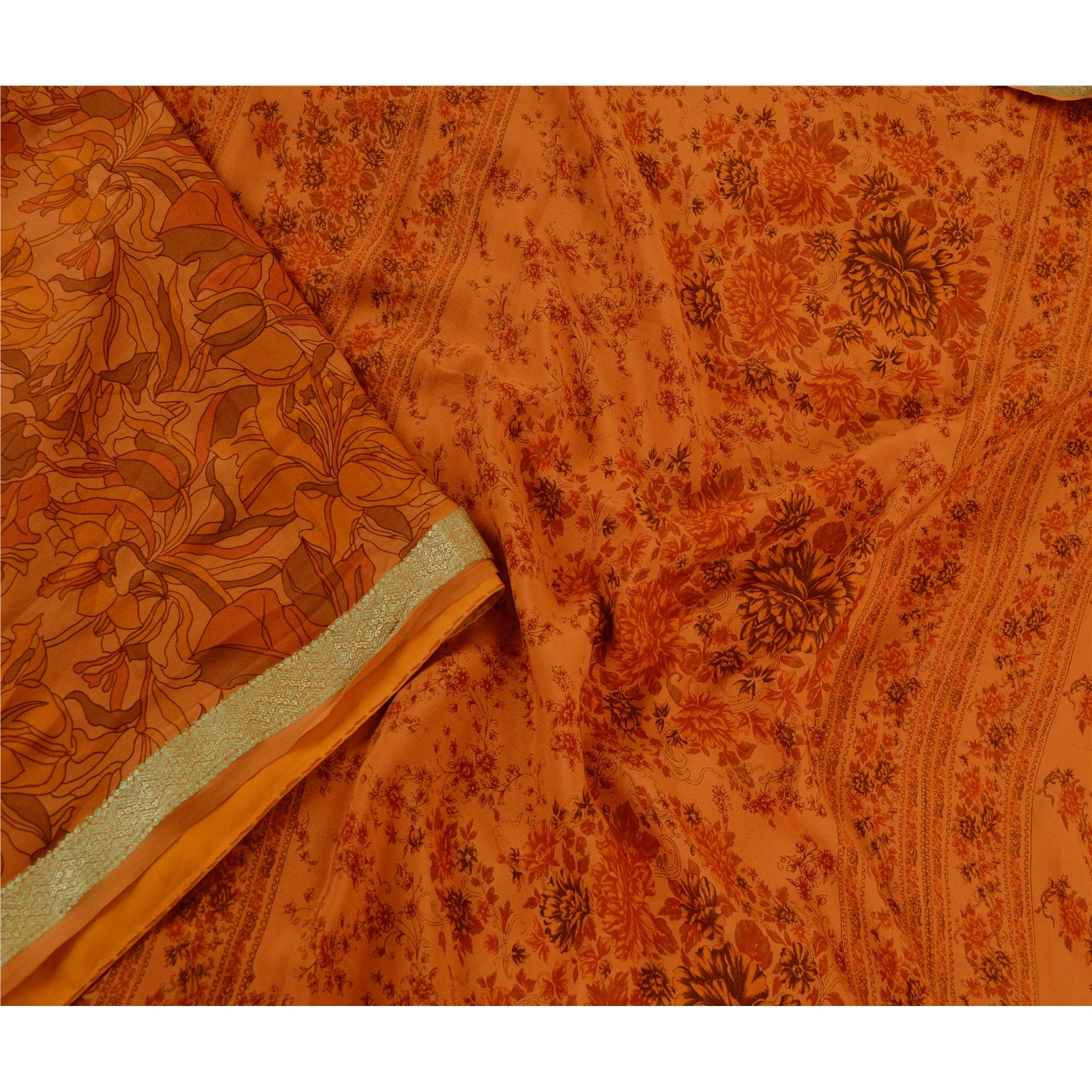 Sanskriti Vintage Sarees Saffron Pure Silk Printed Zari Border Sari Craft Fabric, PR-61119-Saffron-Printed Floral Design-Pure Silk-2