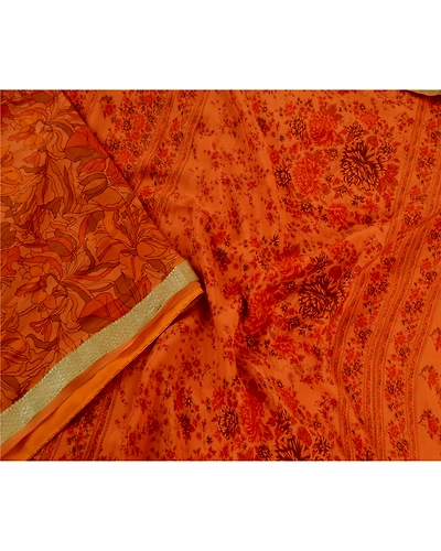 Sanskriti Vintage Sarees Saffron Pure Silk Printed Zari Border Sari Craft Fabric, PR-61119-Saffron-Printed Floral Design-Pure Silk-2