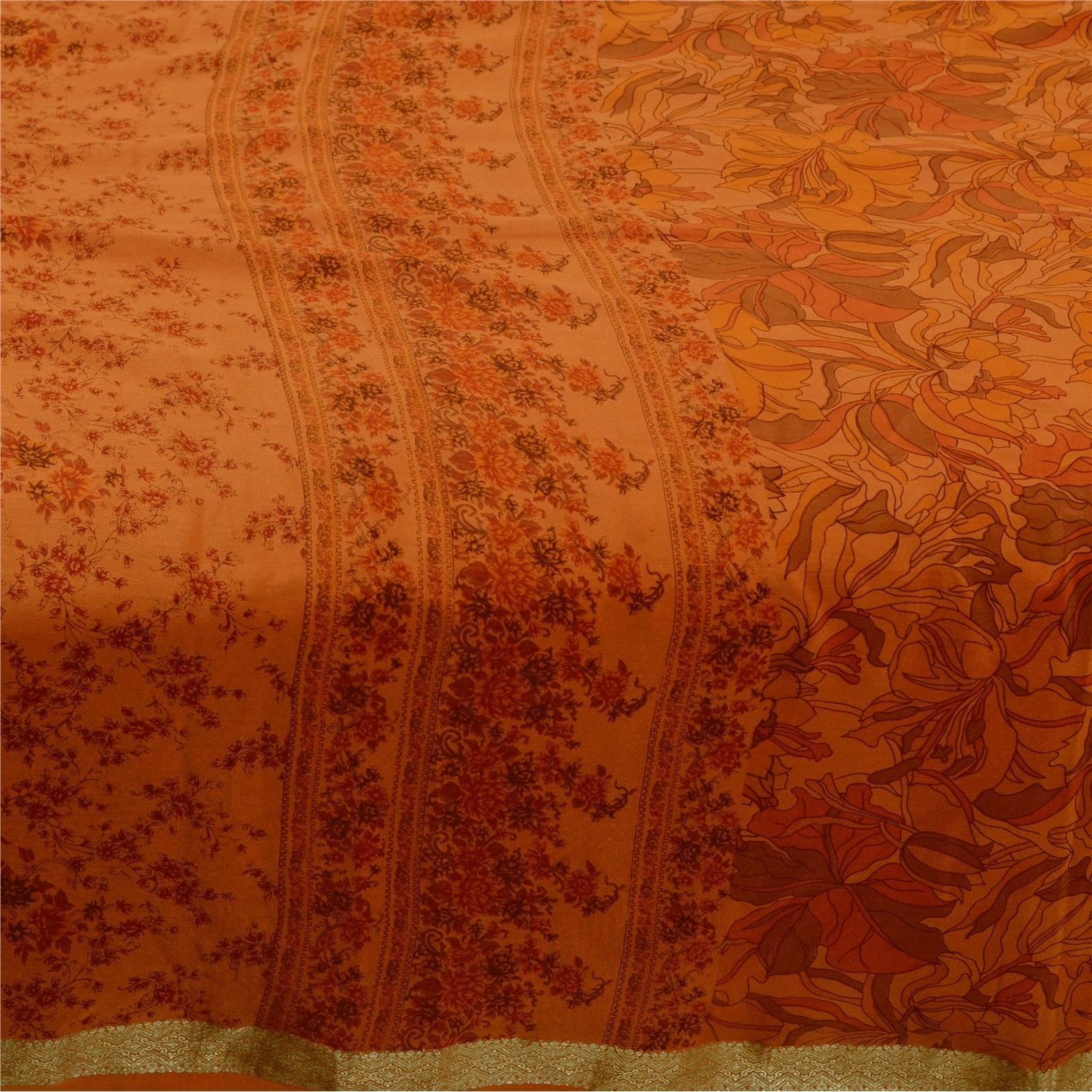 Sanskriti Vintage Sarees Saffron Pure Silk Printed Zari Border Sari Craft Fabric, PR-61119-Saffron-Printed Floral Design-Pure Silk-3