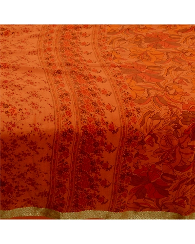 Sanskriti Vintage Sarees Saffron Pure Silk Printed Zari Border Sari Craft Fabric, PR-61119-Saffron-Printed Floral Design-Pure Silk-3
