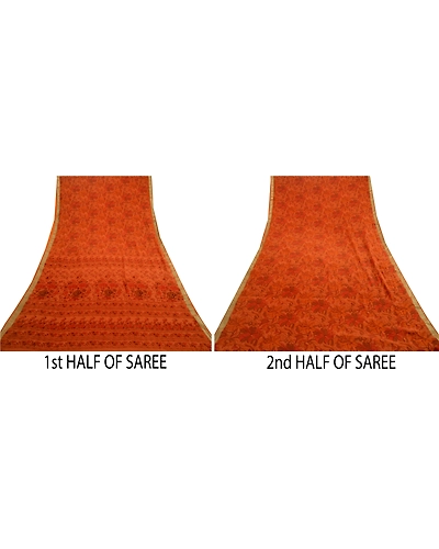 Sanskriti Vintage Sarees Saffron Pure Silk Printed Zari Border Sari Craft Fabric, PR-61119-Saffron-Printed Floral Design-Pure Silk-4