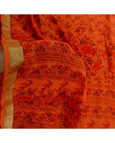 Sanskriti Vintage Sarees Saffron Pure Silk Printed Zari Border Sari Craft Fabric, PR-61119-Saffron-Printed Floral Design-Pure Silk-5