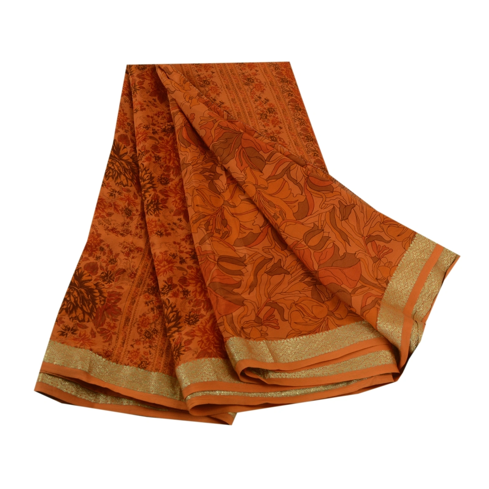 Sanskriti Vintage Sarees Saffron Pure Silk Printed Zari Border Sari Craft Fabric, PR-61119-Saffron-Printed Floral Design-Pure Silk-6