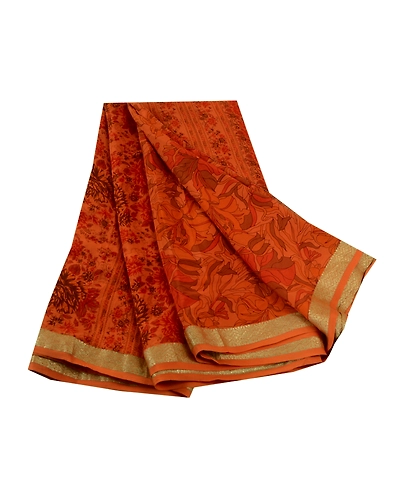 Sanskriti Vintage Sarees Saffron Pure Silk Printed Zari Border Sari Craft Fabric, PR-61119-Saffron-Printed Floral Design-Pure Silk-6