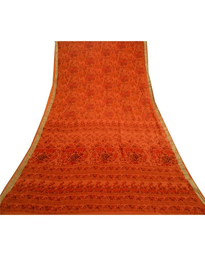 Sanskriti Vintage Sarees Saffron Pure Silk Printed Zari Border Sari Craft Fabric, PR-61119-Saffron-Printed Floral Design-Pure Silk-7