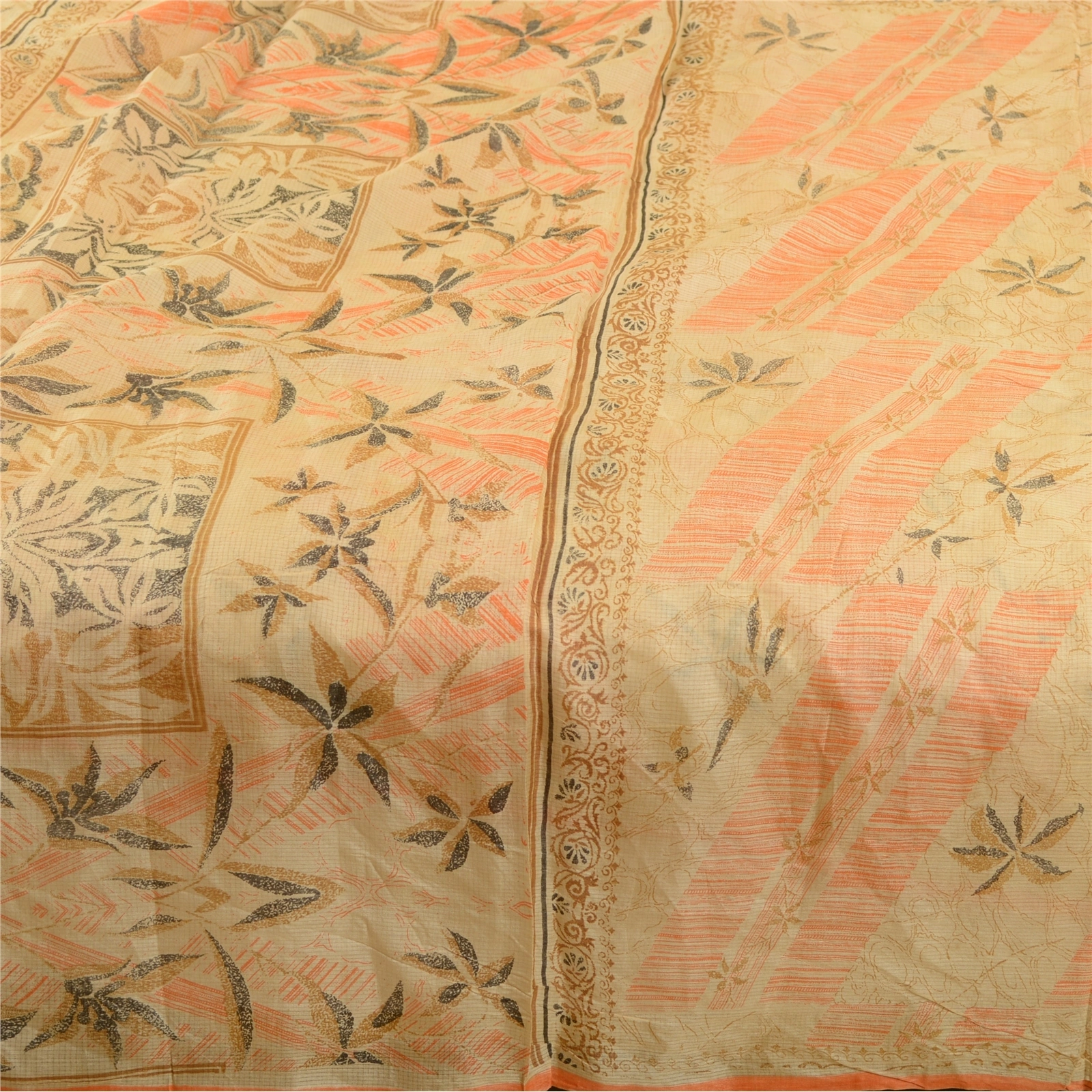 Sanskriti Vintage Sarees Indian Cream Pure Silk Printed Sari 5Yd Craft Fabric, PR-61121-Cream-Printed Floral Design-Pure Silk-3