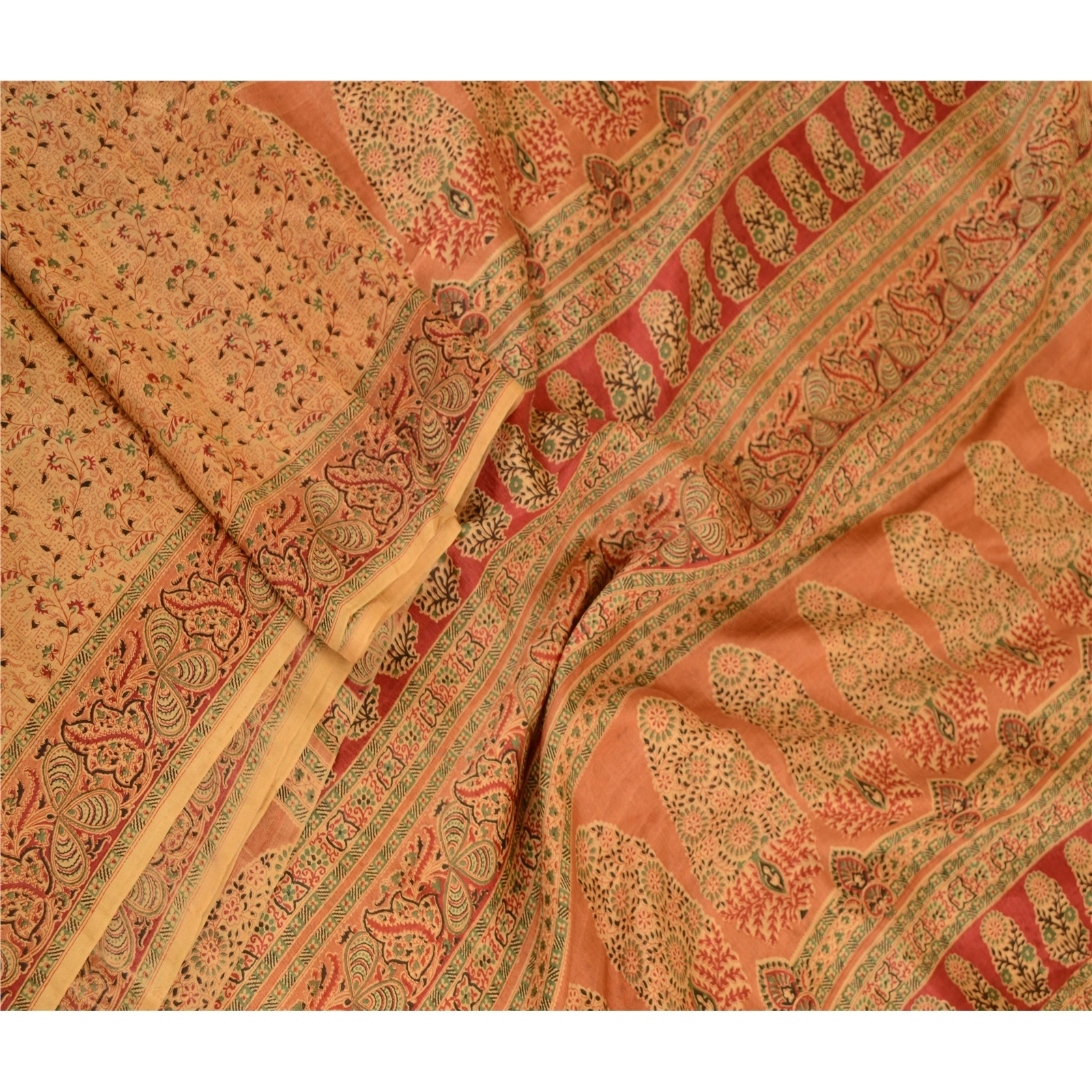 Sanskriti Vintage Sarees Indian Caramel Pure Silk Printed Sari Soft Craft Fabric, PR-61129-Caramel-Printed Floral Design-Pure Silk-1