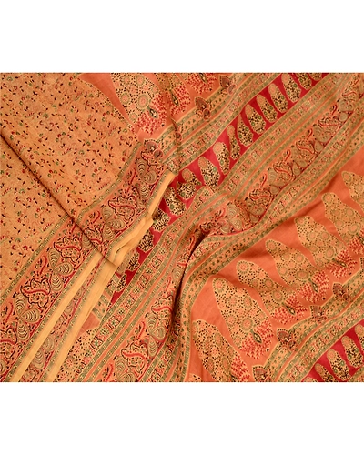 Sanskriti Vintage Sarees Indian Caramel Pure Silk Printed Sari Soft Craft Fabric, PR-61129-Caramel-Printed Floral Design-Pure Silk-1