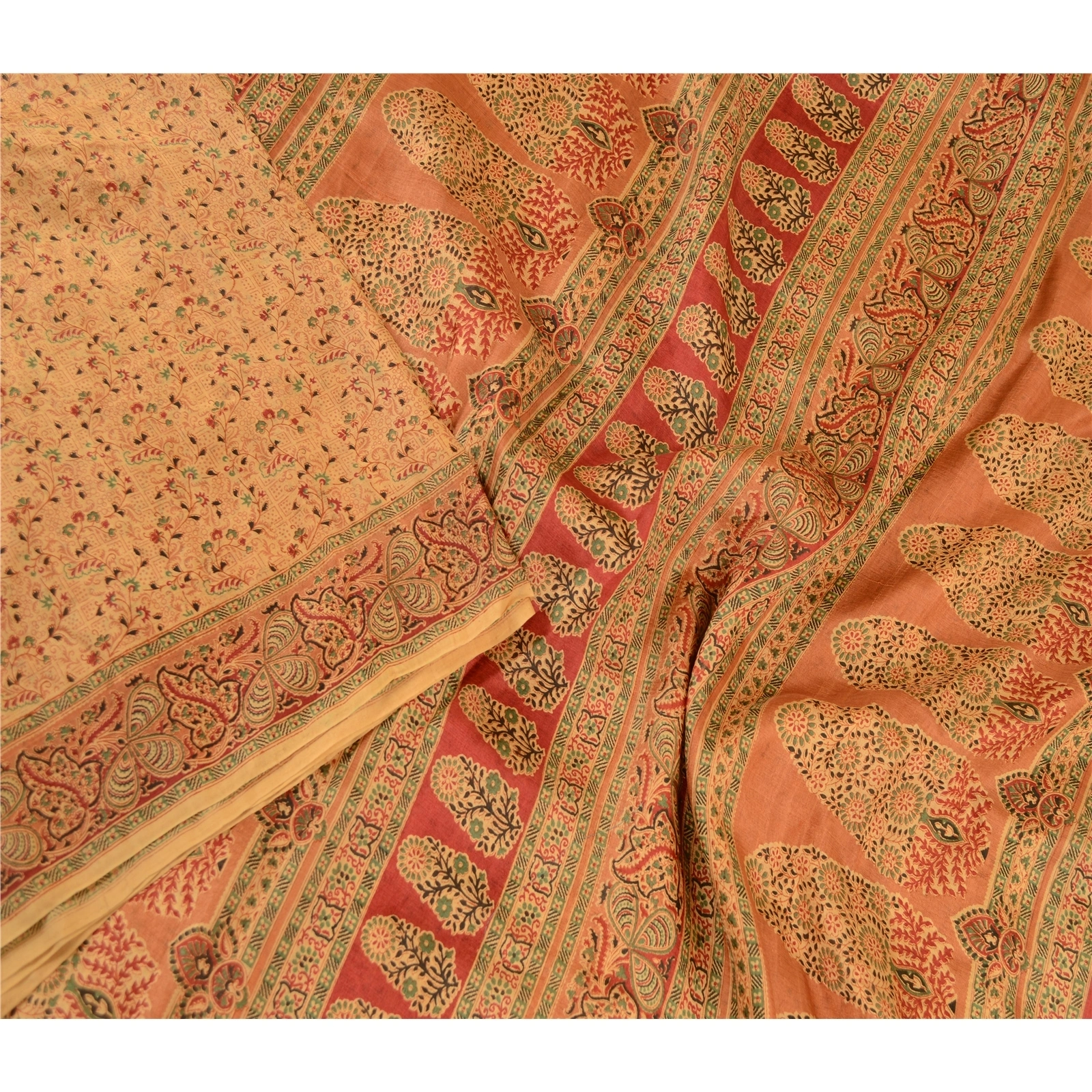 Sanskriti Vintage Sarees Indian Caramel Pure Silk Printed Sari Soft Craft Fabric, PR-61129-Caramel-Printed Floral Design-Pure Silk-2