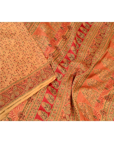 Sanskriti Vintage Sarees Indian Caramel Pure Silk Printed Sari Soft Craft Fabric, PR-61129-Caramel-Printed Floral Design-Pure Silk-2