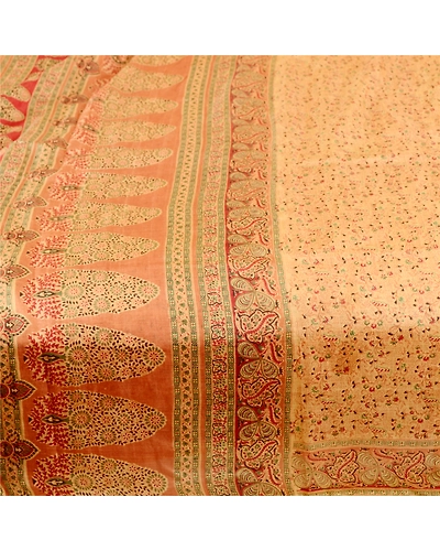 Sanskriti Vintage Sarees Indian Caramel Pure Silk Printed Sari Soft Craft Fabric, PR-61129-Caramel-Printed Floral Design-Pure Silk-3