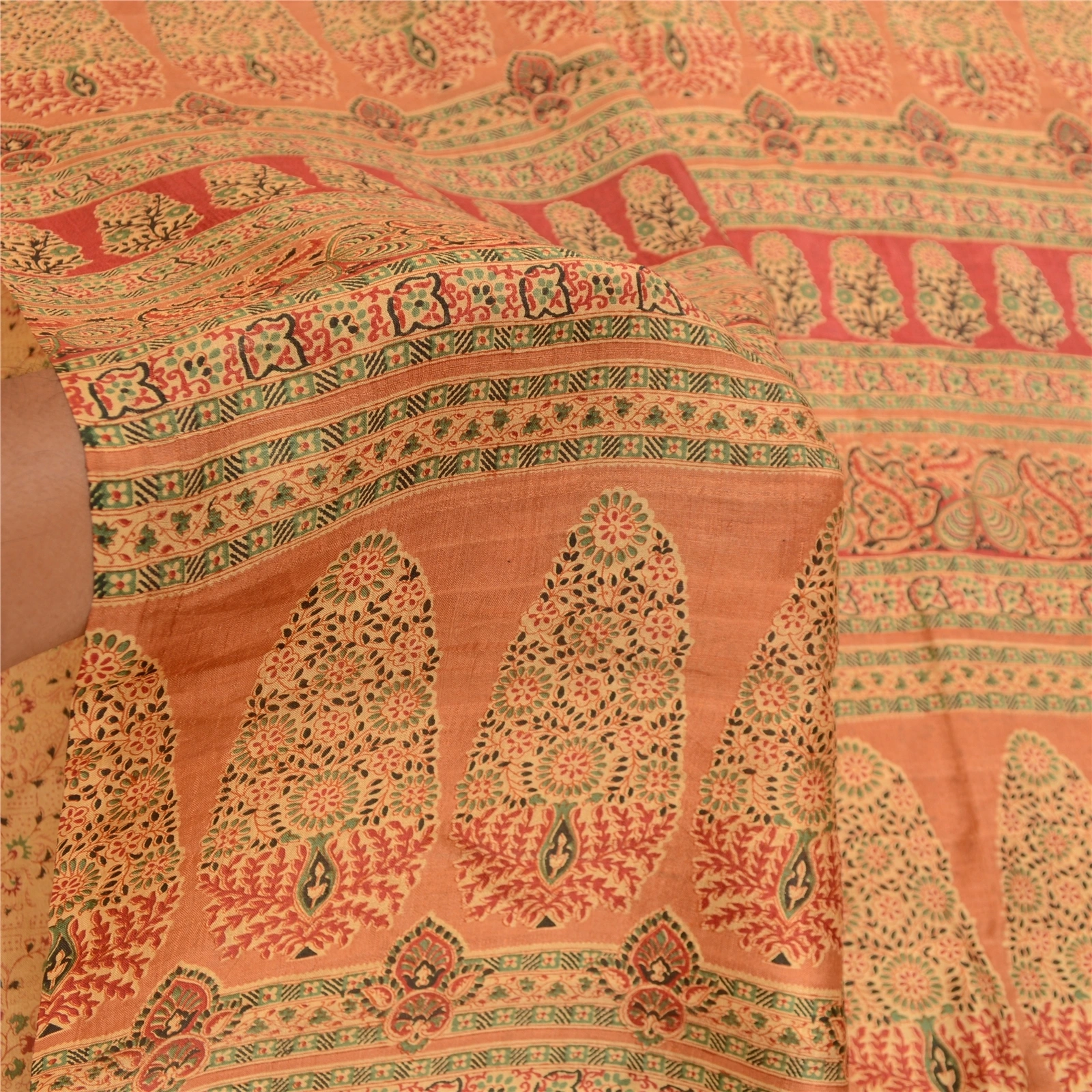 Sanskriti Vintage Sarees Indian Caramel Pure Silk Printed Sari Soft Craft Fabric, PR-61129-Caramel-Printed Floral Design-Pure Silk-5