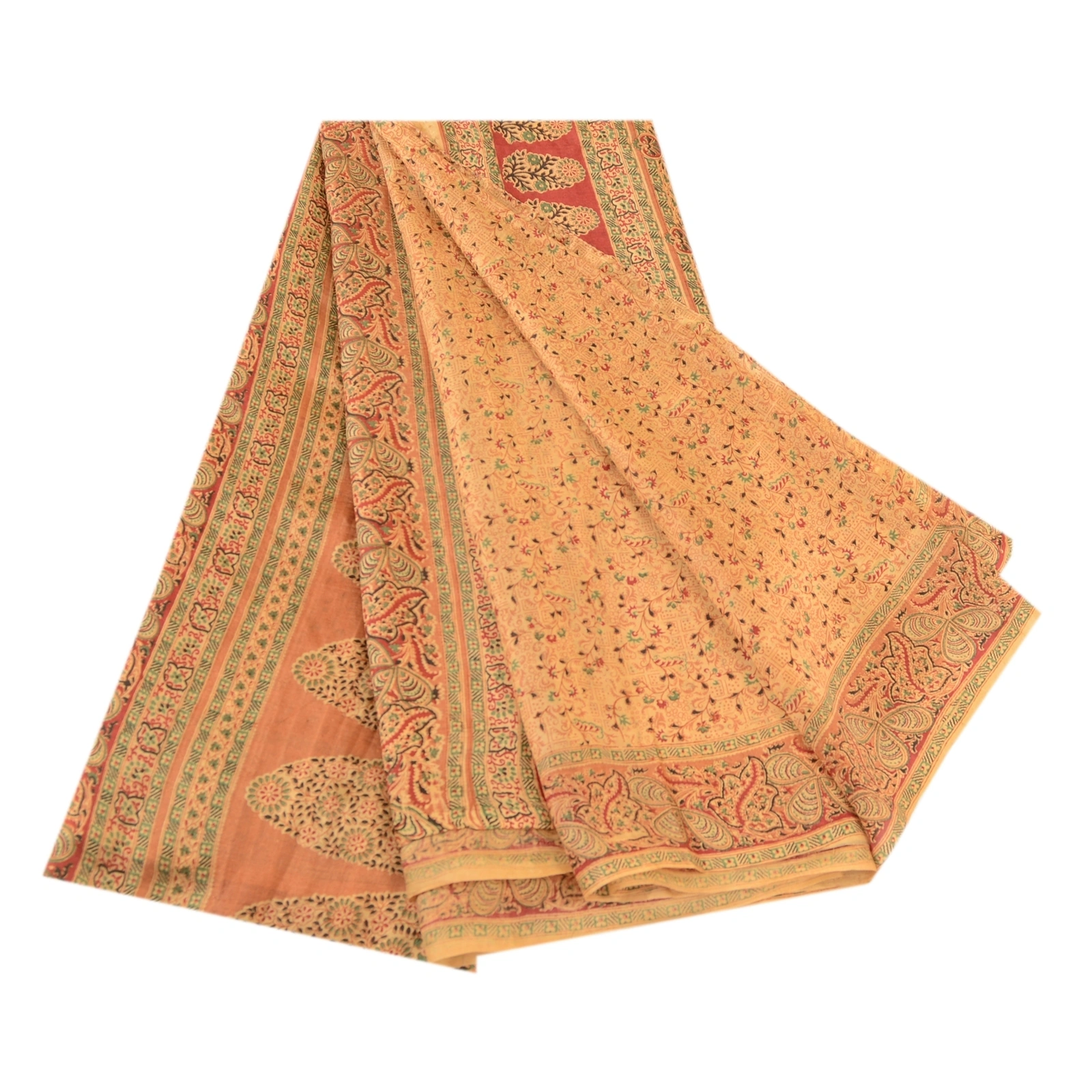 Sanskriti Vintage Sarees Indian Caramel Pure Silk Printed Sari Soft Craft Fabric, PR-61129-Caramel-Printed Floral Design-Pure Silk-6