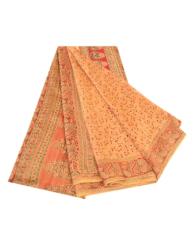 Sanskriti Vintage Sarees Indian Caramel Pure Silk Printed Sari Soft Craft Fabric, PR-61129-Caramel-Printed Floral Design-Pure Silk-6