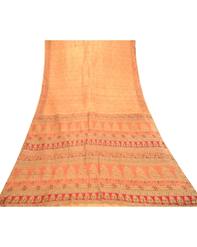 Sanskriti Vintage Sarees Indian Caramel Pure Silk Printed Sari Soft Craft Fabric, PR-61129-Caramel-Printed Floral Design-Pure Silk-7