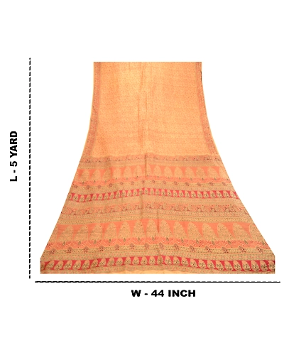Sanskriti Vintage Sarees Indian Caramel Pure Silk Printed Sari Soft Craft Fabric, PR-61129-Caramel-Printed Floral Design-Pure Silk-8