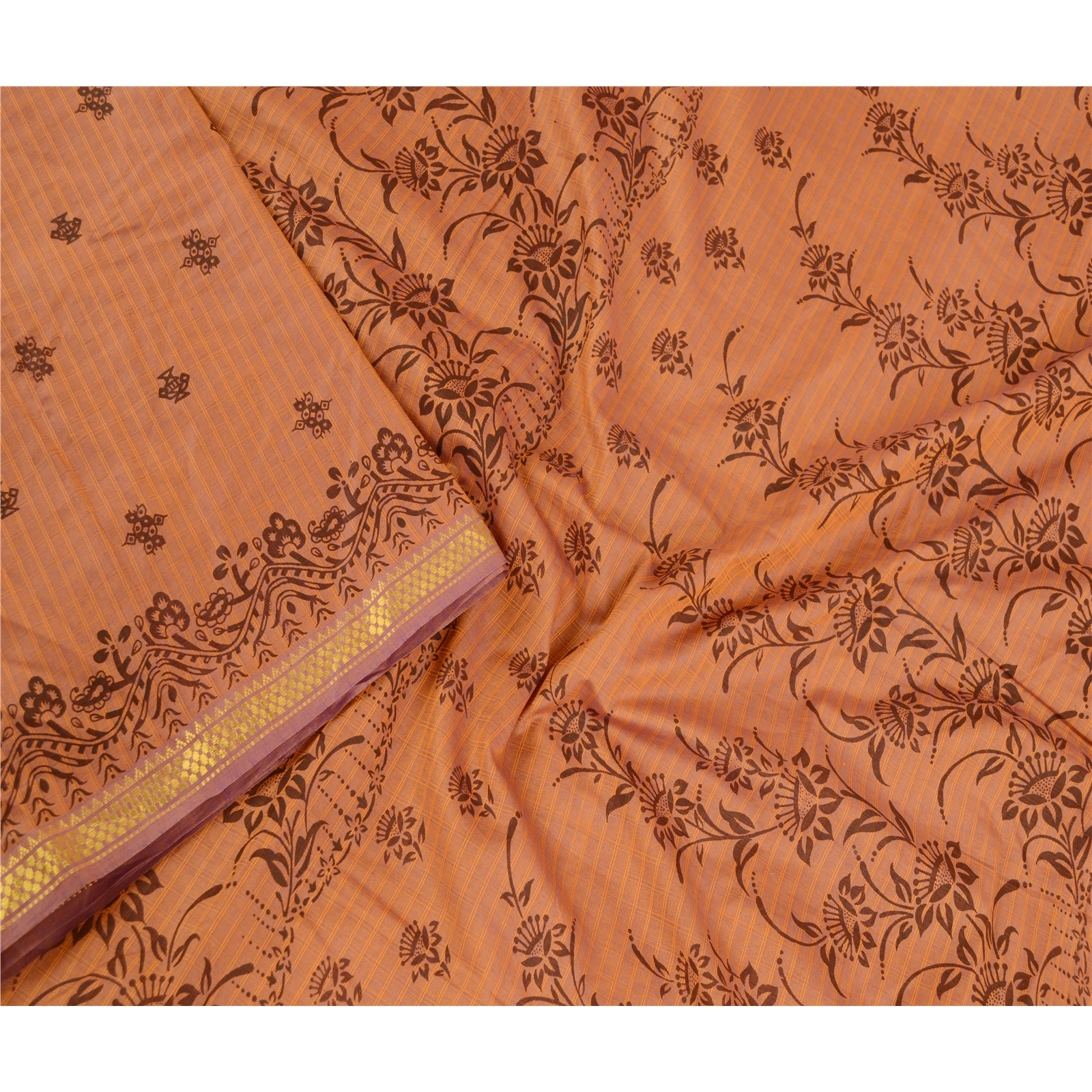 Sanskriti Vintage Sarees Brown Blend Silk Printed Woven Sari 5Yd Craft Fabric, PR-61139-Brown-Printed Floral Design-Blend Silk-2