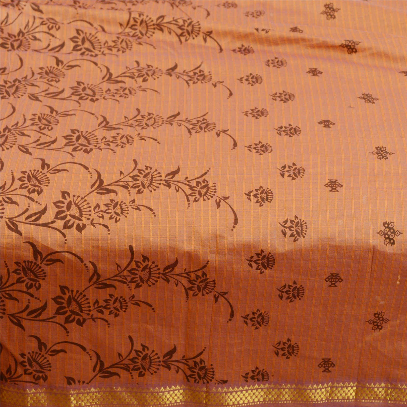 Sanskriti Vintage Sarees Brown Blend Silk Printed Woven Sari 5Yd Craft Fabric, PR-61139-Brown-Printed Floral Design-Blend Silk-3