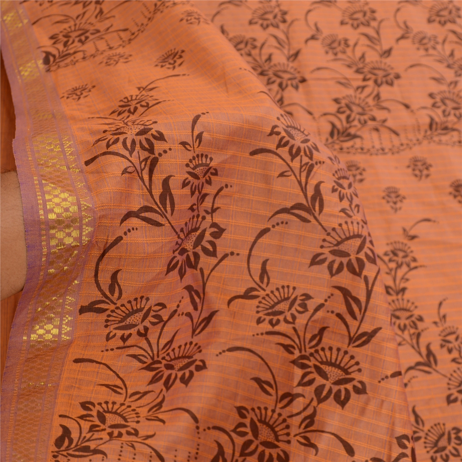 Sanskriti Vintage Sarees Brown Blend Silk Printed Woven Sari 5Yd Craft Fabric, PR-61139-Brown-Printed Floral Design-Blend Silk-5