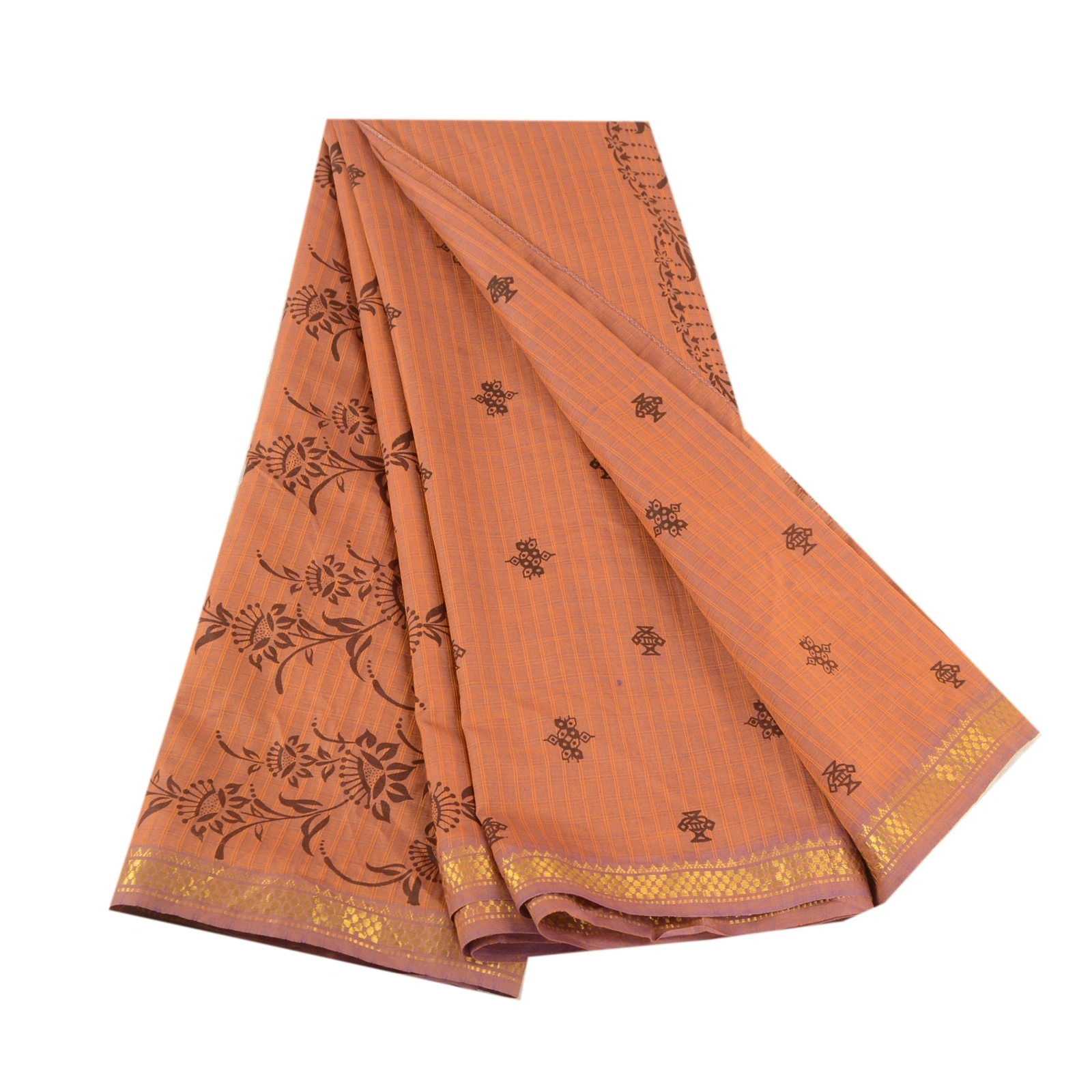 Sanskriti Vintage Sarees Brown Blend Silk Printed Woven Sari 5Yd Craft Fabric, PR-61139-Brown-Printed Floral Design-Blend Silk-6