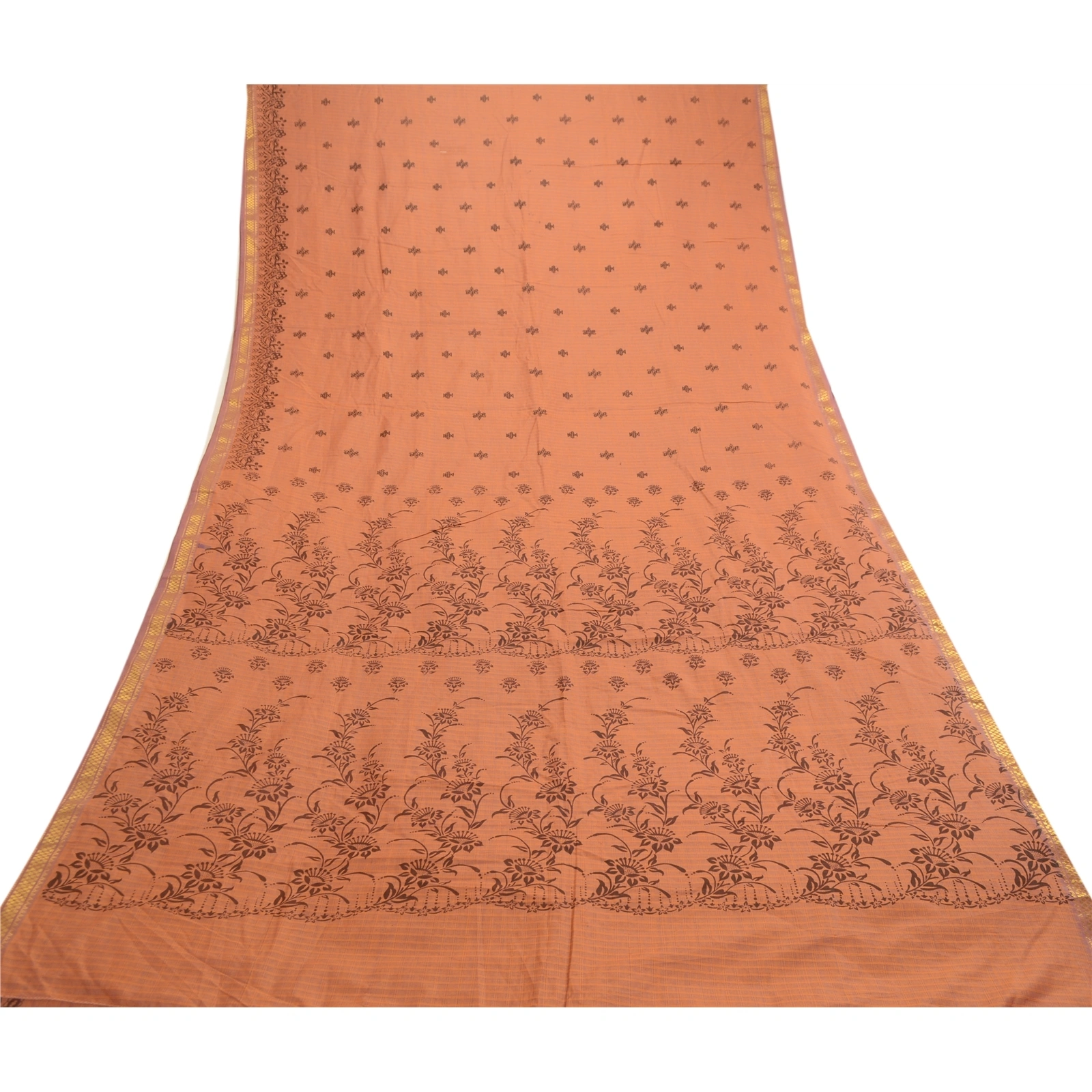 Sanskriti Vintage Sarees Brown Blend Silk Printed Woven Sari 5Yd Craft Fabric, PR-61139-Brown-Printed Floral Design-Blend Silk-7