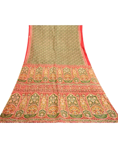Sanskriti Vintage Sarees Green Pure Silk Printed Sari Floral 5Yd Craft Fabric, PR-61145-Green-Printed Floral Design-Pure Silk-7