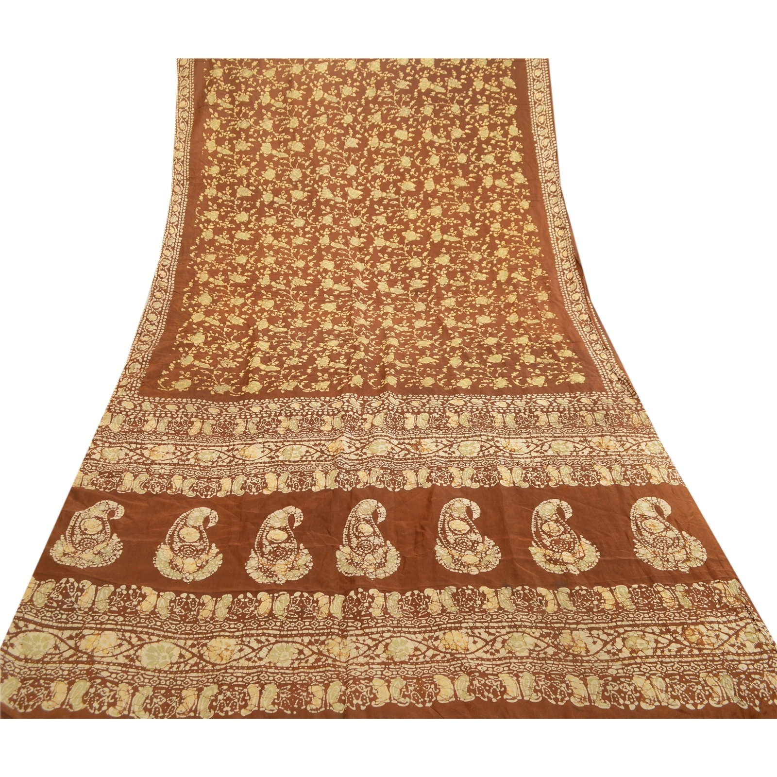 Sanskriti Vintage Sarees Batik Printed Brown 100% Pure Silk Sari Craft Fabric, PR-61153-Brown-Printed Floral Design-Pure Silk-7