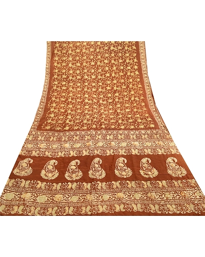 Sanskriti Vintage Sarees Batik Printed Brown 100% Pure Silk Sari Craft Fabric, PR-61153-Brown-Printed Floral Design-Pure Silk-7