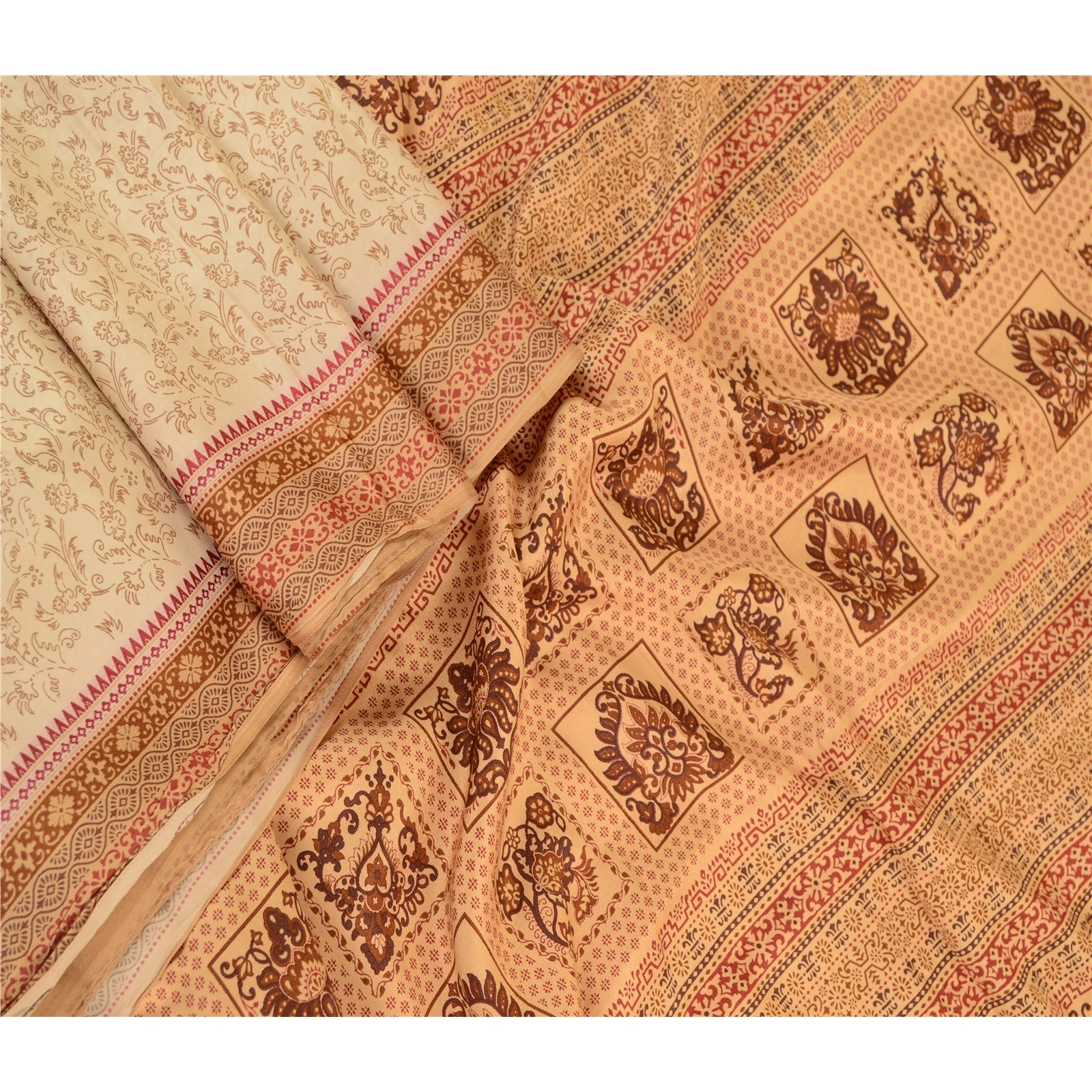 Sanskriti Vintage Sarees Cream From Indian Printed Pure Silk Sari Craft Fabric, PR-61155-Cream-Printed Floral Design-Pure Silk-2