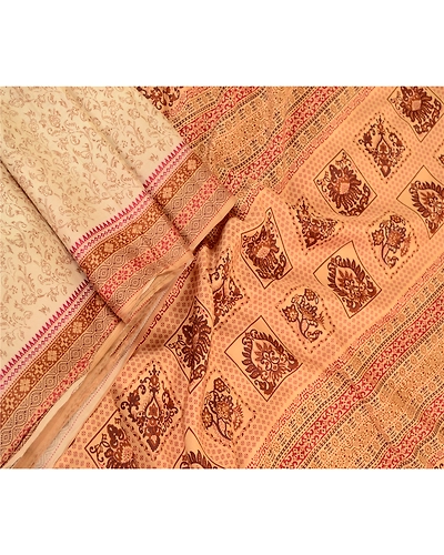 Sanskriti Vintage Sarees Cream From Indian Printed Pure Silk Sari Craft Fabric, PR-61155-Cream-Printed Floral Design-Pure Silk-2