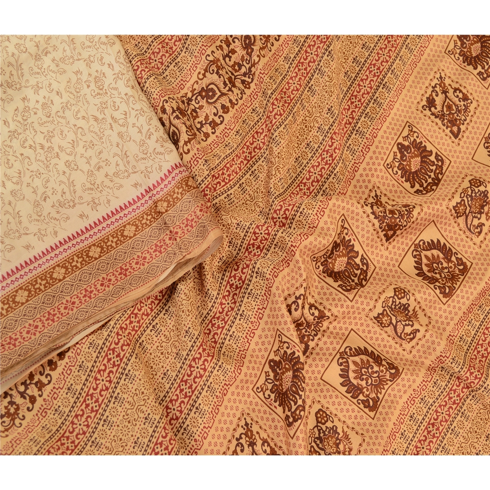 Sanskriti Vintage Sarees Cream From Indian Printed Pure Silk Sari Craft Fabric, PR-61155-Cream-Printed Floral Design-Pure Silk-3